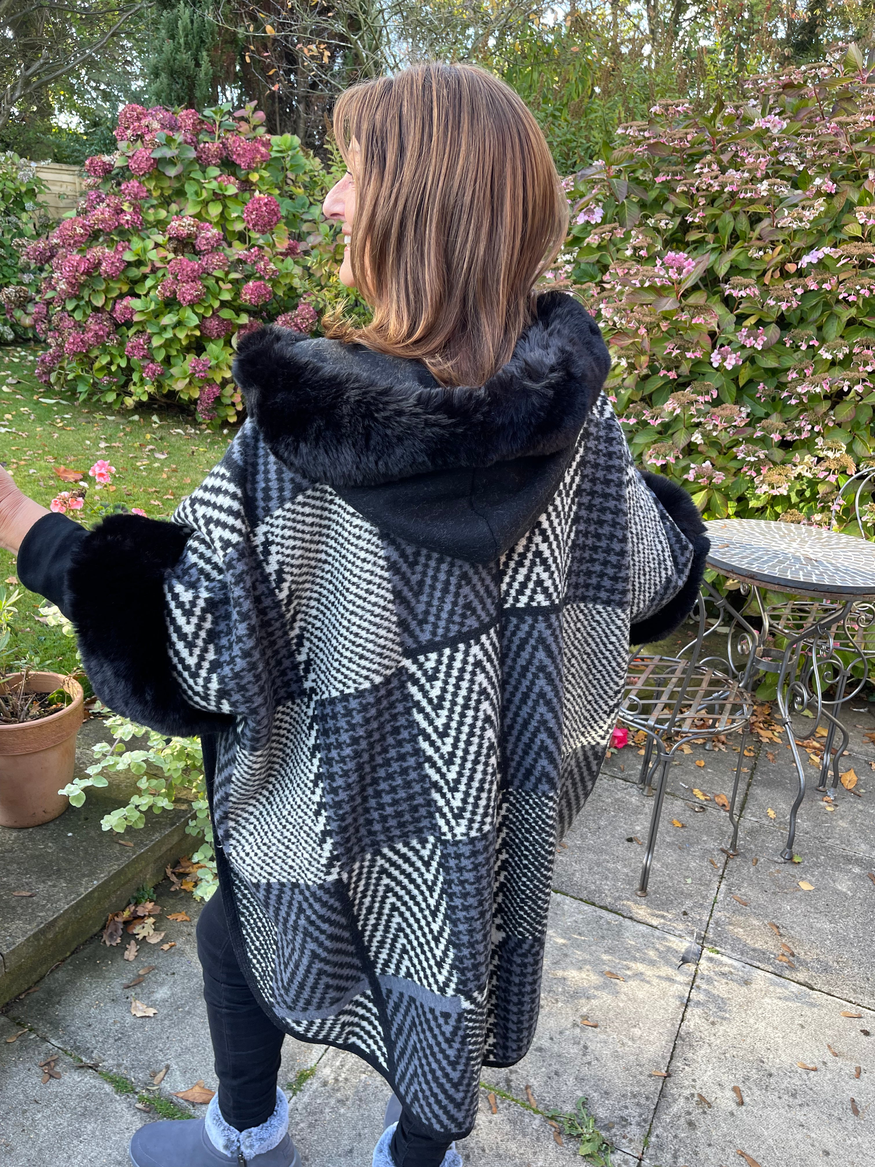 Luxurious & super soft faux fur checkerboard poncho/cape