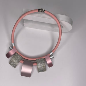 Short necklace, with square pendant drops, pink colour cord, with extension chain
