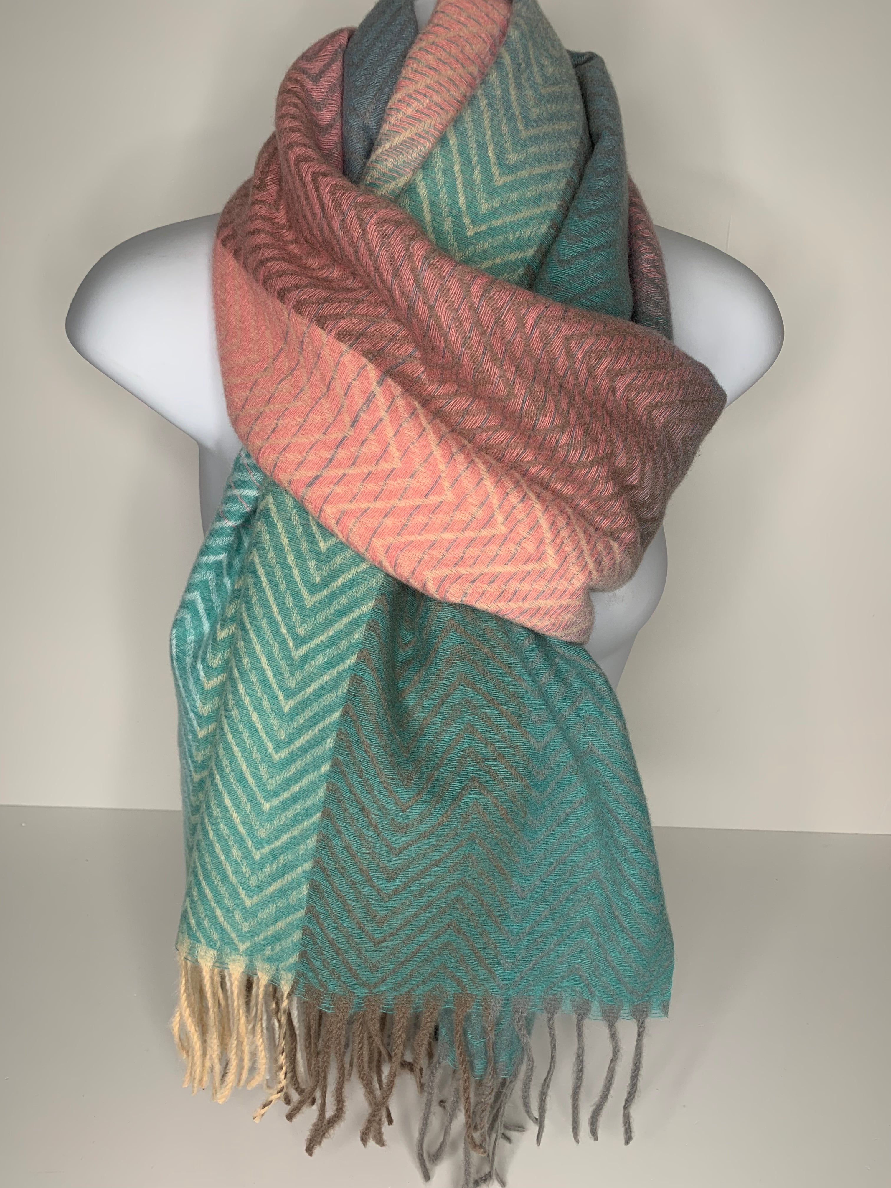 Cashmere feel, reversible, pink, green and blue zig-zag print scarf