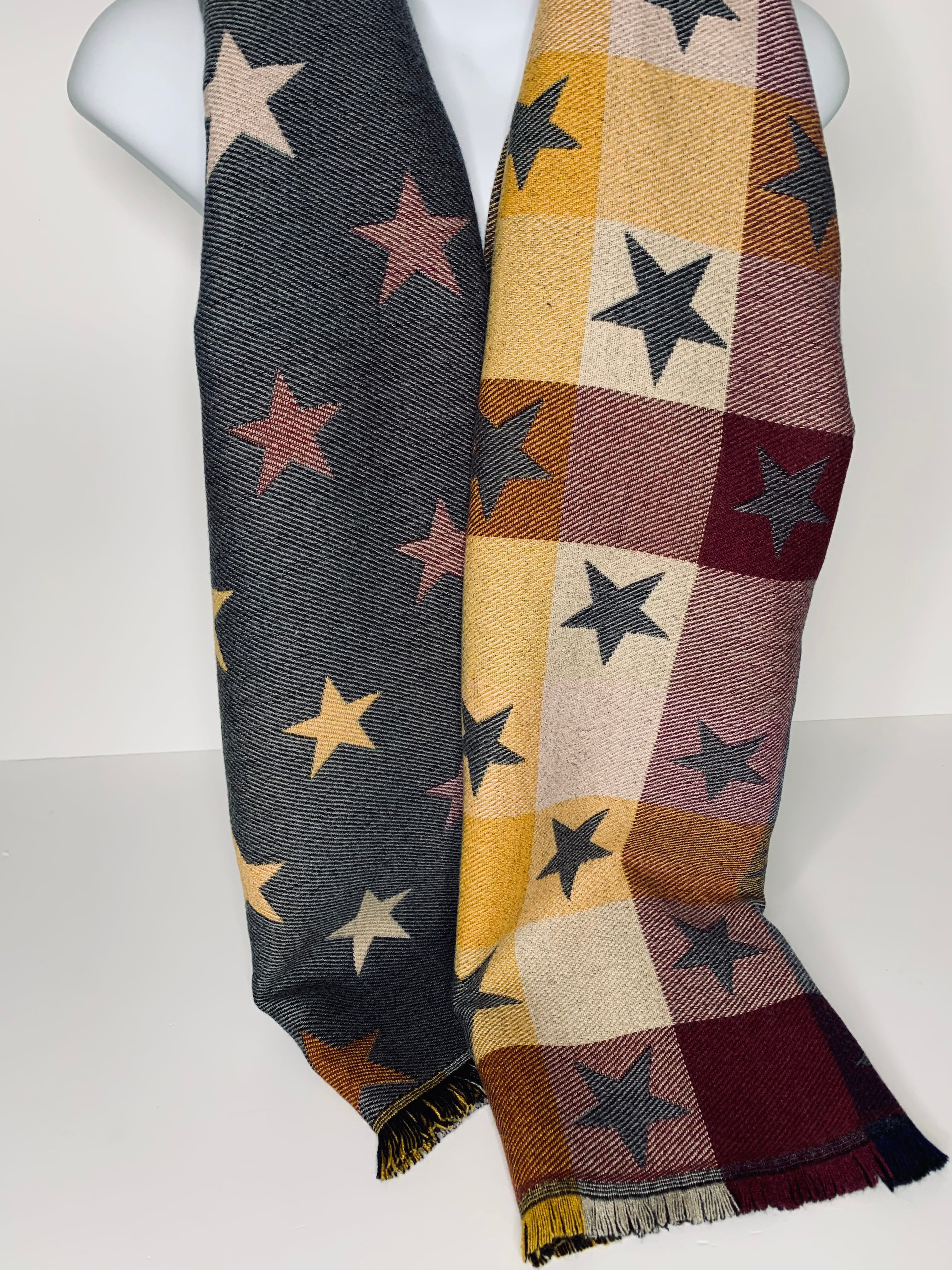 Reversible, cashmere-feel star and tartan print scarf in grey, mustard and burgundy