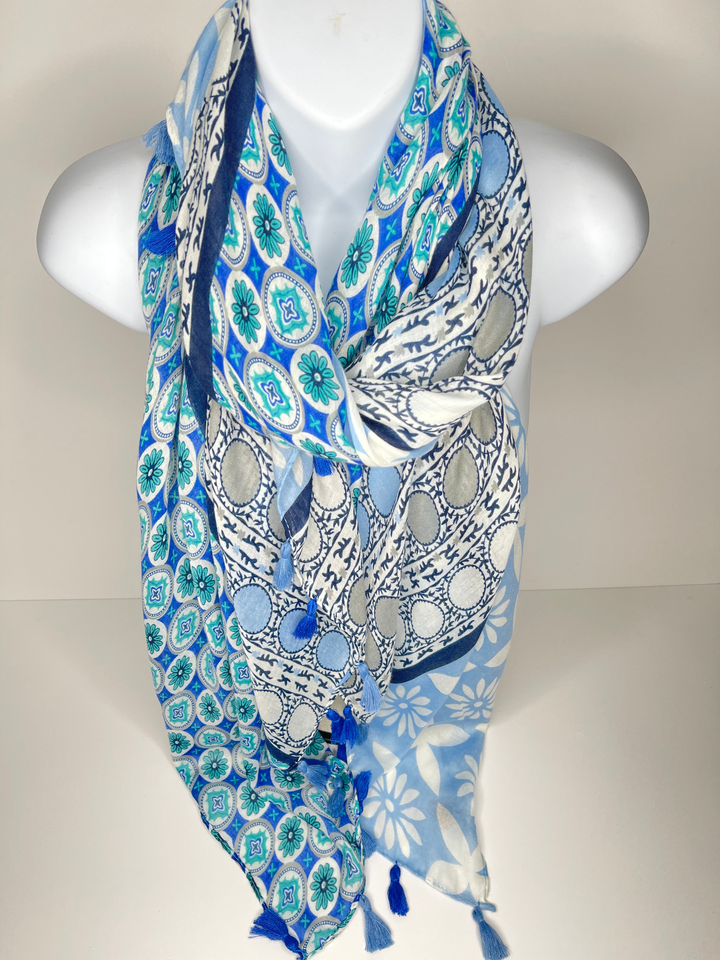 Denim, grey, white, aqua and blue circular print scarf