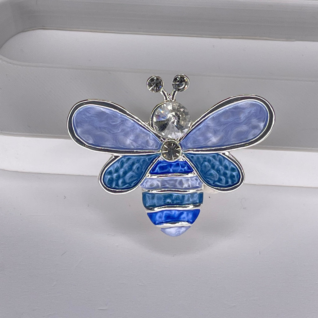 Magnetic brooch & scarf clip  - 'pearl bee' design in shades of diamanté silver, denim blue, mid-blue and bright blue