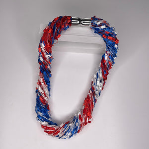 Magnetic twist scarf necklace, in colours of blue, red and white